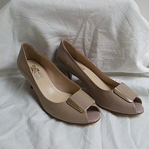 Ferragamo Tan/Nude Patent LeathePeep Toe low heels